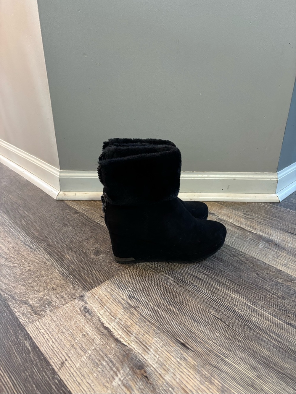 DKNY Black Faux Fur Cuff Ankle Booties